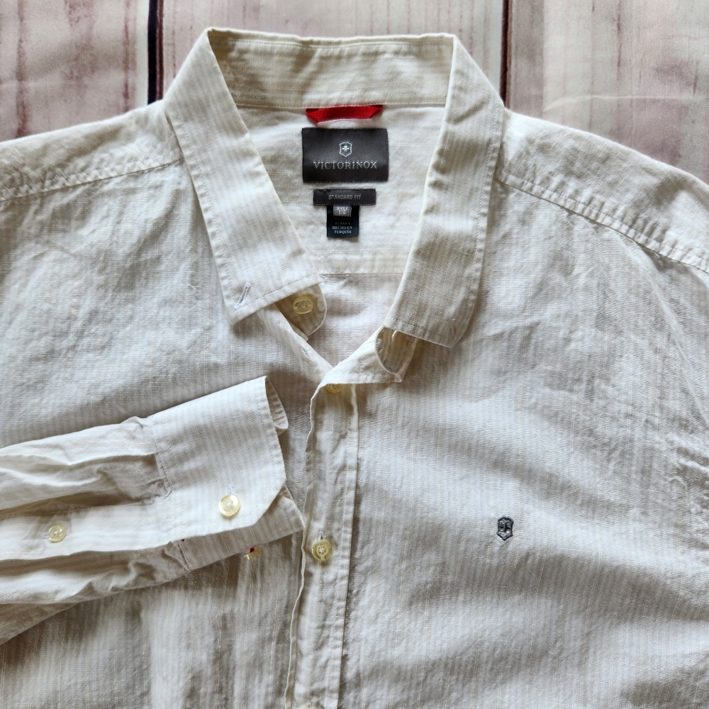 Victorinox Stripe Long Sleeve Shirt Cream White Button Front, Men's Size XXL 2XL
